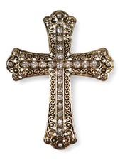 Large Antiqued Gold Tone Clear Rhinestone Ornate Cross Brooch Pin 3