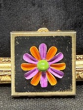 Vintage 1960s Mod Flower Power Pill Box Brass Enamel Daisy Hippie Trinket Case picture