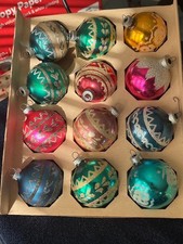 Vintage Shiny Brite Christmas Ornaments Box of 12, MID CENTURY Glitter Stencils picture