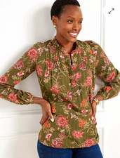 Talbots Womens Floral Woven Blouse Split Neck Long Sleeve Button Pleat Sz S picture