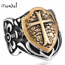 MENDEL Mens Crusader Shield Knights Templar Cross Ring Stainless Steel Size 7-15 picture