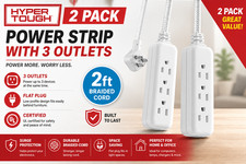 Flat Plug Extension Cord 2 Feet Braided 3 Outlet Grounded Power Strip White picture