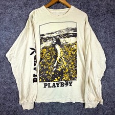 Playboy Shirt Mens XL Beige Long Sleeve Graphic Print Girl in Field of Flowers picture