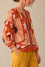 NWT DR2 Women’s Rust Orange Botanical Print 100% Cotton Blouse Size S  picture