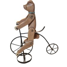 VTG Hand Carved Wooden Pig on Metal Bicycle Folk Art Figurine Whimsical Decor picture