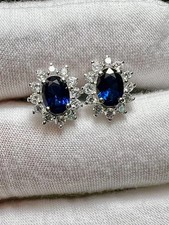 8 Ct Oval Cut Natural Blue Sapphire & Diamond 14K White Gold Luxury stud Earring picture