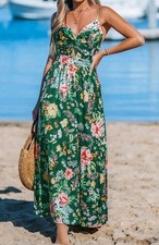 NWT Cupshe Women's Long Green Floral  Size Small Back Tie Dress picture