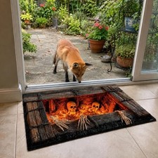 3D Skeleton Pit Halloween Rug, Fire Trapdoor Optical Illusion Spooky Floor Mat picture