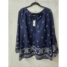 Lane Bryant Navy Blue White Floral Border Print Peasant Blouse 18/20 NWT picture