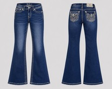NWT Miss Me JEANS WOMENS  29X34 MID RISE Boot Sequin Bling  ANGEL WING NWT picture