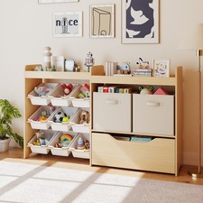 Wood Kids Toy Storage Organizer w/Bookshelf,9Plastic Bin,Movable Drawer Playroom picture