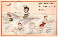 Bathing Beauties Women Swim Away From Hobo c1910s Vintage Postcard picture