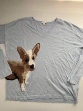 J. Jill Women’s Corgi Dog Sweater Light Blue V Neck Knit Top Women's S picture