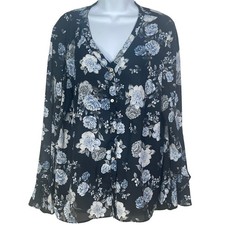 Emaline Womens Floral Button Front Blouse Blue Rose Bell Sleeve Black Top Large picture