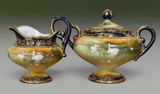 Stunning Nippon Cobalt Swan Lake Gold Moriage Cream & Sugar Set picture