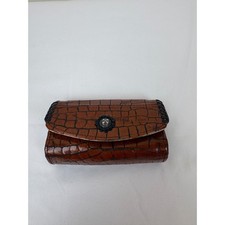 Vintage Brighton Brown Croc Leather Lipstick Case Tapestry Lining Mirror Concho picture