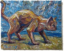 Cat MODERN ORIGINAL OIL█PAINTING█VINTAGE ART█SIGNED KITTEN NATURE ANIMAL PETS NR picture