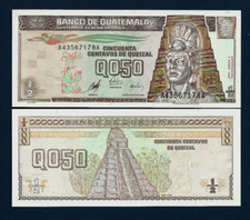 Guatemala ½ ( 0.50 ) QUETZAL P-98 1998 Guatemalan BIRD TEMPLE UNC Currency NOTE picture