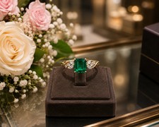 4.10 Ct Emerald Cut Natural Emerald & Diamond Wedding Ring 14K Yellow Gold picture
