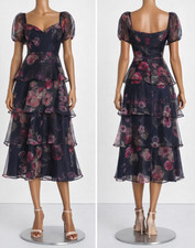 Lulus Oh-So Stunning Organza Tiered Midi Dress Womens Blue Magenta Floral picture