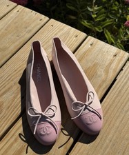 CHANEL Pink Black Leather Ballet Flats with Cap Toe Logo Bow Women Size 40EU/US9 picture