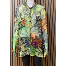 Chico's 100% Silk Tropical Leaf Print Button Down Shirt Green Orange Size 3 L XL picture