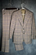 Vintage 70s Mens Suit Set Plaid Double Knit Polyester Jacket Pants RARE picture