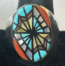 Signed Zuni Angelena Laahty Sterling Silver Multi Inlay Men’s Ring Size 11 1/4 picture