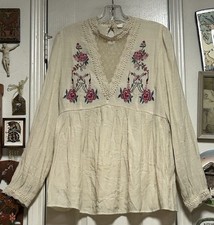 ENTRO Beautiful Boho Cream LS Blouse Floral Emb. Deep V Netted High Neck Lace T. picture