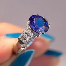 4.60Ct Oval Cut Natural Tanzanite & Diamond 14K White Gold Anniversary Ring picture