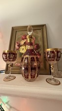 Vintage Czech Bohemian Ruby Crystal Decanter Set, 24K Gold, Hand Engraved picture