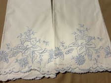 ⁠2 Vintage 1950s Blue Cutwork Embroidery Pillowcases NOS Scalloped Eyelet Hem⁠ picture