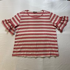 Pleione Women's Medium Red White Striped Ruffle Sleeve Knit Top Short Sleeve picture