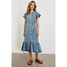 Rails Kahlo Ruffle Hem Denim Midi Dress Mid-Blue Wash Size Medium picture