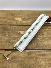 Vtg Artisan Green & White Cats Eye Glass & Sterling Silver Beaded Bracelet 7.75” picture
