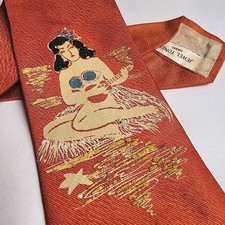 Vtg 50s Neck Tie Silk Aloha Hula Girl Kitsch Hawaii Handpainted MCM RARE picture