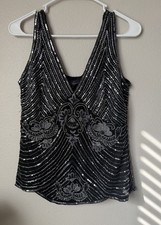 NWT Luisa Spagnoli Beaded Silk Top Size 44 Black Silver Sequin Art Deco Gatsby picture