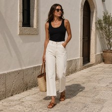 Everlane Womens High Rise Jeans 6 Off White Cropped Straight Denim Raw Hem picture