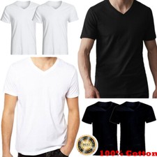 For Mens 100% Cotton Thick Basic Tee Casual T-Shirt V-Neck Black White S-4XL picture