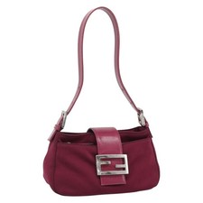 FENDI Mamma Baguette Shoulder Bag Cotton Wine Red Silver Auth mr2598 picture