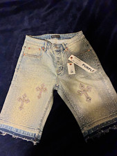 PURPLE BRAND Men's Light Wash Blue Rhinestone Cross Denim Shorts PU512 picture