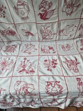 Charming Antique Redwork Embroidered Storybook Coverlet, All Hand Done, picture