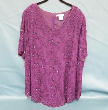 VTG Roaman's Purple Beaded Silk Short Sleeve Top Women's SZ 28W picture