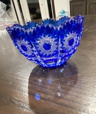 Vintage Cobalt Blue Cut to Clear Crystal Mini Bowl Bohemian Style 3.5” picture