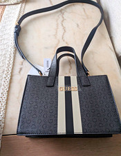 GUESS Small Black/White Logo Satchel Top Handle Bag w Detachable Crossbody Strap picture