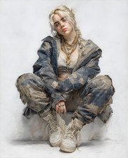 Short-Haired Blonde Crouched in Camouflage Streetwear Print - 699281709 picture