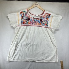 Mexican Oaxacan Boho Hand Embroidered Birds XL Tunic Shirt Peasant Top Ivory picture