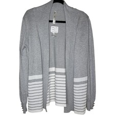 NWT Pina Rossi Gray White Knit Cardigan Sweater Striped Open Front  M Women's picture