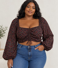 NWT H&M Floral Drawstring Front Crop Top Blouse 3XL Plus Size picture