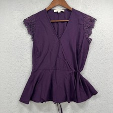 LOFT Peplum Top Womens Small Purple Lace Cap Sleeve Faux Wrap V Neck Boho Chic picture